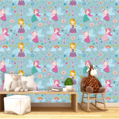 Elf Wallpaper 0223 for girls - Decorated children\'s room with light-colored walls and natural-toned furniture.