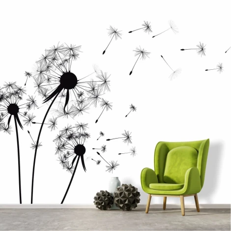 Dandelion Wallpaper 0192 - Living room setup with light walls, green chair, and geometric accents.