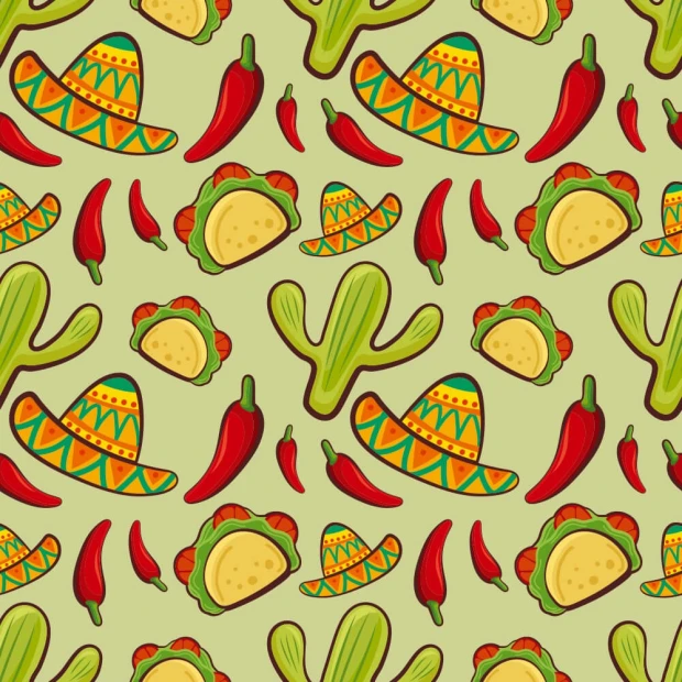 Kitchen wallpaper with peppers and cacti, featuring a graphic design of peppers, cacti, and sombreros.
