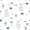 Wallpaper for boys\' room featuring hippos, cars, trees, clouds, and stars - Graphic design 0181.