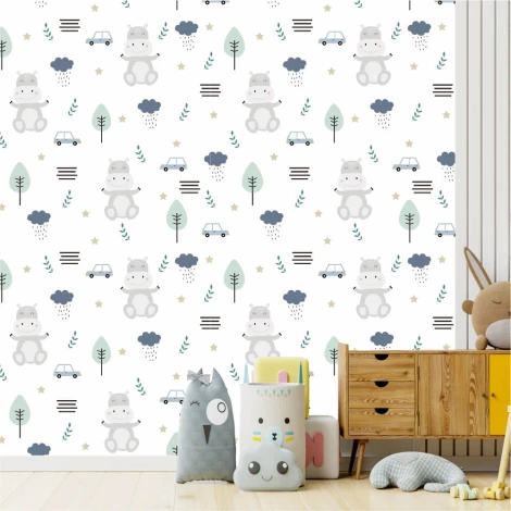 Boys\' room wallpaper with hippos, cars, trees, and clouds on a white background. Design 0181.