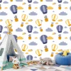 Children\'s room wallpaper with rhinos and balloons, featuring colorful balloon graphics.
