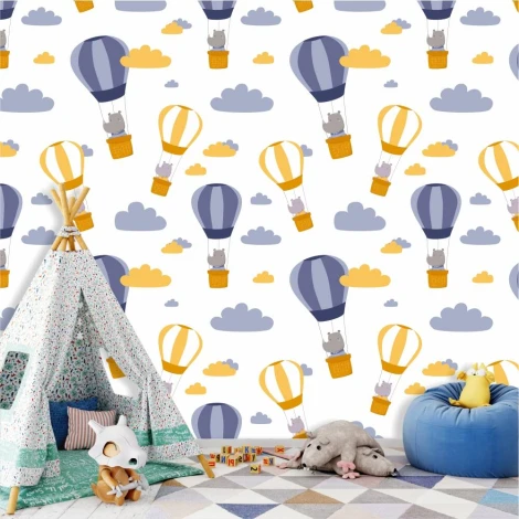 Children\'s room wallpaper with rhinos and balloons, featuring colorful balloon graphics.
