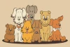 Kids\' room wallpaper Dogs 0190 - Graphic design featuring seven different dogs in various colors sitting together.