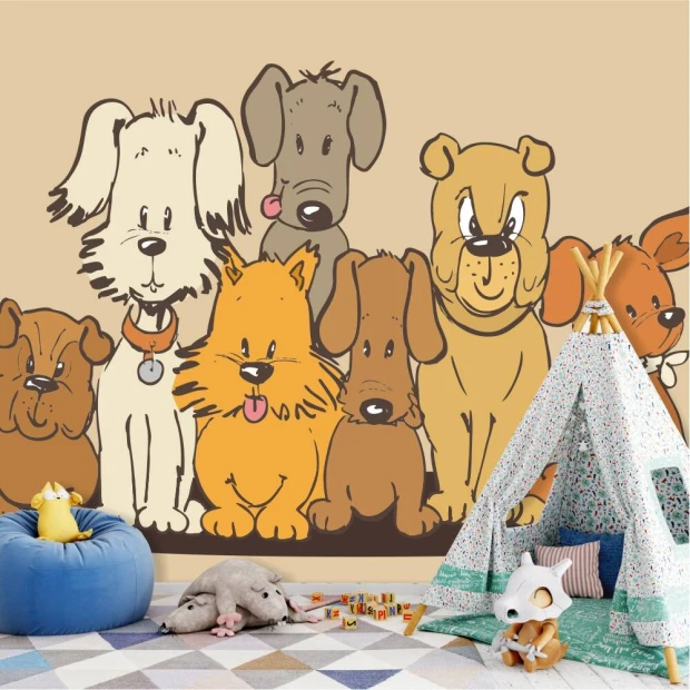Kids\' room wallpaper Dogs 0190 - Graphic design featuring a group of various dogs in different colors and poses.