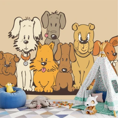 Kids\' room wallpaper Dogs 0190 - Graphic design featuring a group of various dogs in different colors and poses.