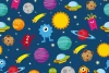 UFO 0209 children\'s room wallpaper - Colorful design with planets, stars, and characters in a playful style.