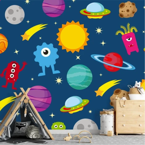 UFO 0209 wallpaper for children\'s room. Blue walls with cosmic elements for a playful decor.