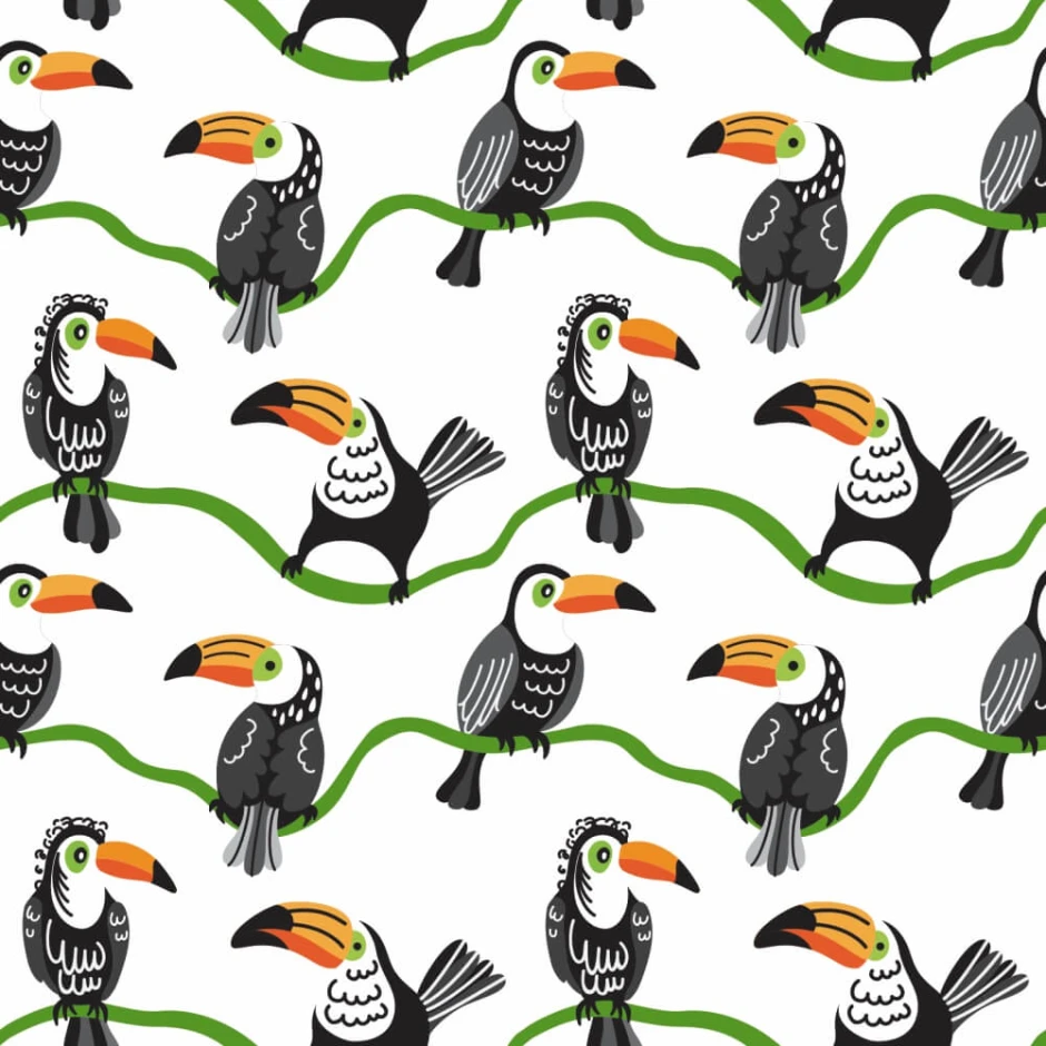Children\'s room wallpaper Happy Toucans 0222 - Graphic design with toucans and birds on green branches against a white background.