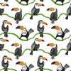 Children\'s room wallpaper Happy Toucans 0222 - Graphic design with toucans and birds on green branches against a white background.