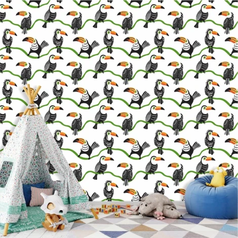 Children\'s room wallpaper Happy Toucans 0222 - Graphic design with toucans on a white background and colorful beaks.