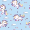 Kids\' room wallpaper Ponies 0183 - Graphic design with white ponies jumping on a blue background with rainbows and clouds.