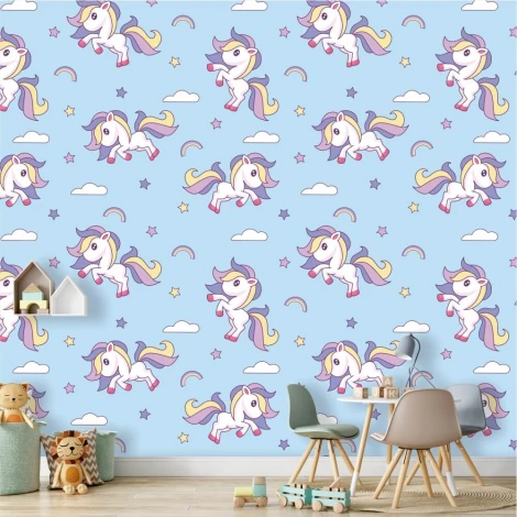 Children\'s room wallpaper Ponies 0183 - Graphic design with ponies in various poses on a blue background with clouds and rainbows.