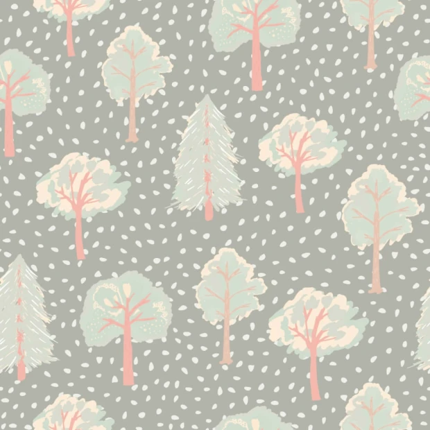 Children\'s room wallpaper Forest 0221 - Graphic design with trees in various shapes on a gray background.