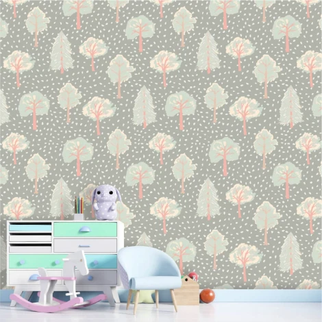 Kids\' room wallpaper Forest 0221 - Decorated with gray walls and pastel trees.
