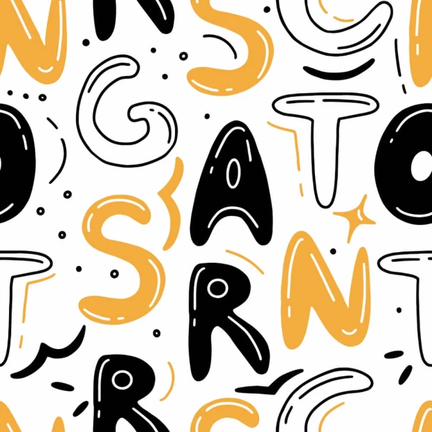 Children\'s room wallpaper Letters 0204 - Graphic design with black and yellow letters on a white background.