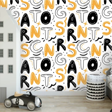 Kids\' room wallpaper Letters 0204 - Brightly colored walls with black and yellow accents in a children\'s room setting.