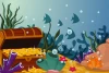 Underwater Treasure Wallpaper 0197 for kids\' room - features a treasure chest, sea plants, fish, and bubbles.