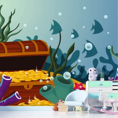 Underwater Treasure 0197 wallpaper for kids\' room. Blue and green wall shades for a playful decor.