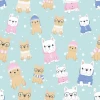 Children\'s room wallpaper Puppies 0187 - Graphic design with various dogs in clothes on a blue background.