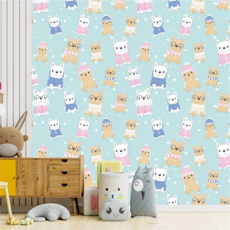 Children\'s room wallpaper Puppies 0187 - Graphic design with puppy illustrations on a blue background.