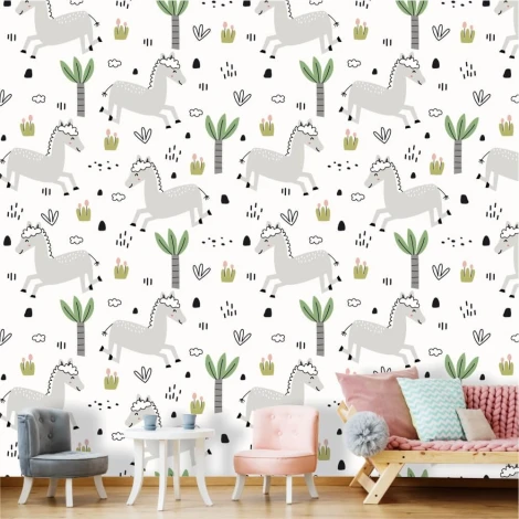 Girls\' room wallpaper Horses 0182 - Graphic design. White background with gray horses, plants, and clouds.