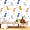 Colorful Dinosaur Wallpaper 0180 - Decor for a child\'s room with light-colored walls and natural furniture.