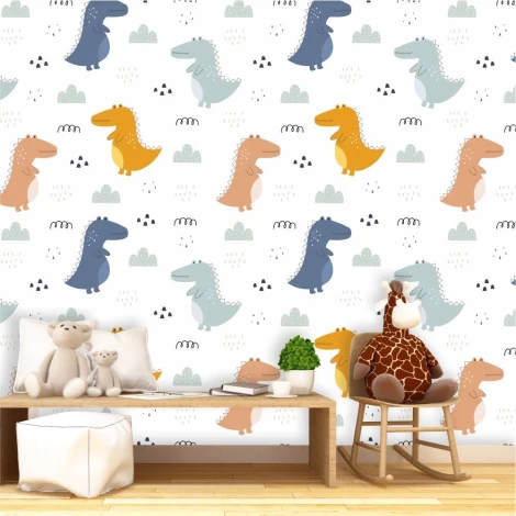 Colorful Dinosaur Wallpaper 0180 - Decor for a child\'s room with light-colored walls and natural furniture.
