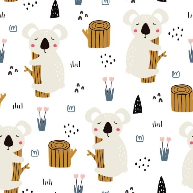 Children\'s wallpaper Koala Bears 0184 - Graphic design with a koala holding a trunk, flowers, and shapes in white and brown.