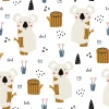 Children\'s wallpaper Koala Bears 0184 - Graphic design with a koala holding a trunk, flowers, and shapes in white and brown.