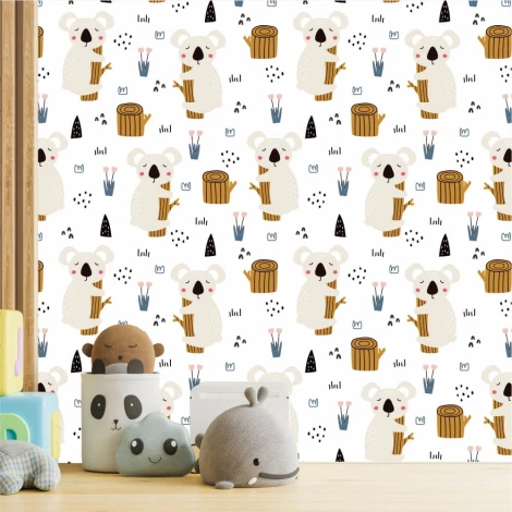 Children\'s wallpaper Koala Bears 0184 - Graphic design featuring koala bears, tree trunks, and plants on a white background.