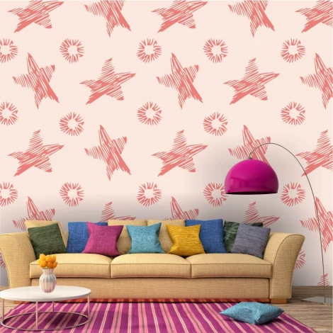 Star Wallpaper 0212 - Living room setup with light-colored walls and a sofa adorned with colorful cushions.
