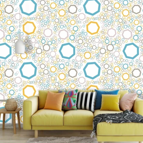Colorful Geometric Wallpaper 0203 - Living room decor with light walls and yellow and blue furniture.