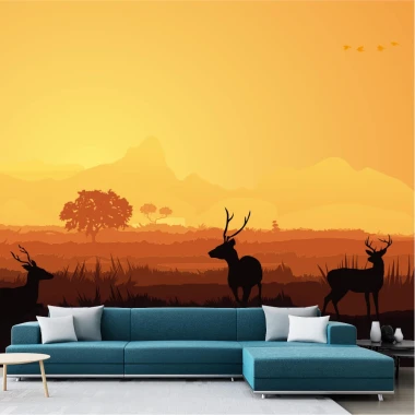 Deer and doe wallpaper 0225 - Living room decor with yellow and orange wall shades.