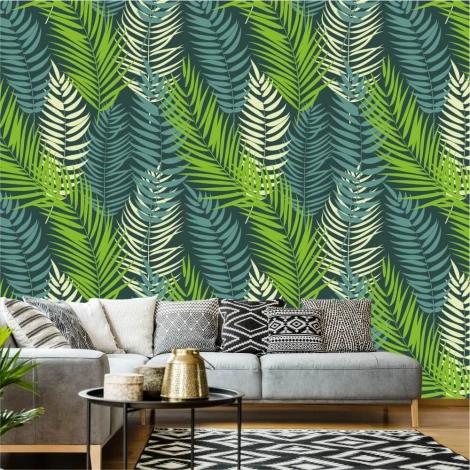 Tree Leaves Wallpaper 0219 - Living room decor with green and beige walls, light-toned furniture.