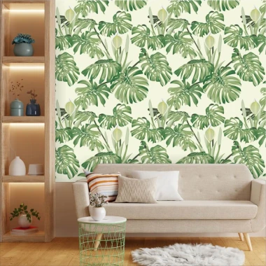 Monstera leaves wallpaper 0195 - Living room decor with light walls and beige and green furniture.