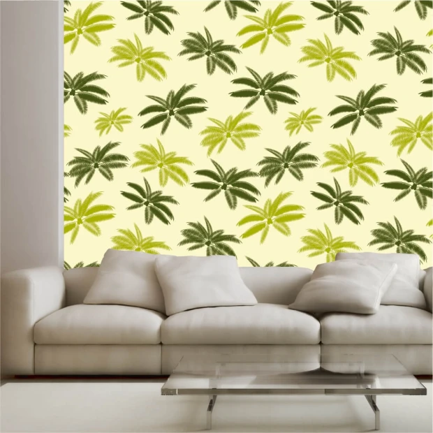 Palm Wallpaper 0216 - Living room decor with light walls and green palms in the background.