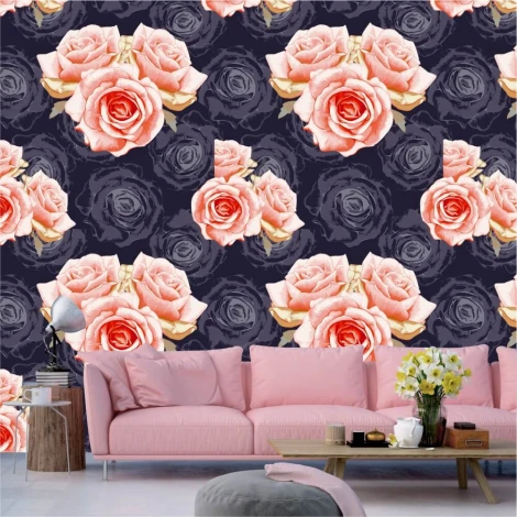 Rose wallpaper 0201 - Living room setup. Dark walls with a light-colored sofa.