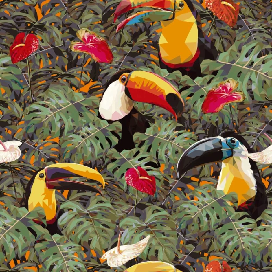 Toucan Wallpaper 0191 - Graphic design featuring toucan shapes in various colors against a backdrop of leaves and flowers.