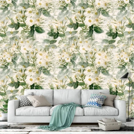 Yellow flower and leaf wallpaper 0188 - Living room decor with light walls and muted furniture.