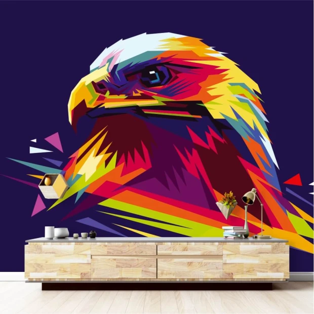 Eagle Wallpaper - pop-art design 0200 - Styled in a modern living room with dark walls and light wood furniture.