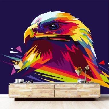 Eagle Wallpaper - pop-art design 0200 - Styled in a modern living room with dark walls and light wood furniture.