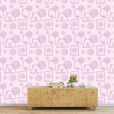 Decorative Wallpaper 0214 - Graphic design with pink tree shapes and circles on a light background.