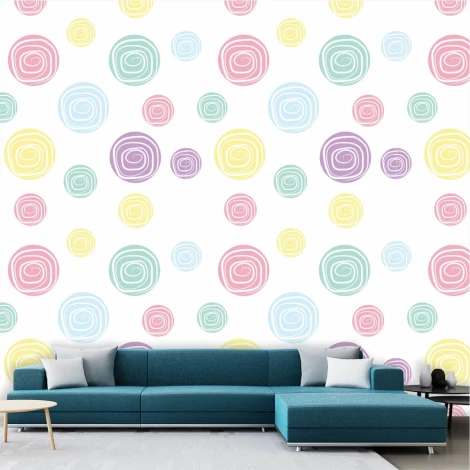 Pastel circles and spirals wallpaper 0202 - Living room decor with light-colored walls and blue furniture.