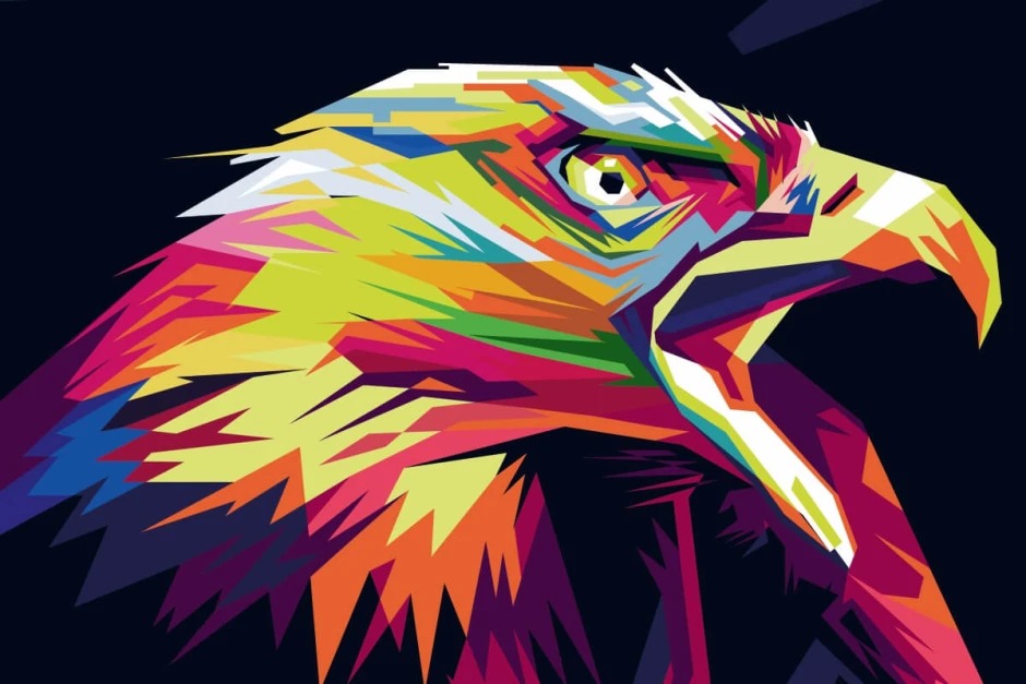 Pop-art wallpaper - eagle head 0199 - Graphic design. Stylized eagle image in vibrant colors and sharp shapes.