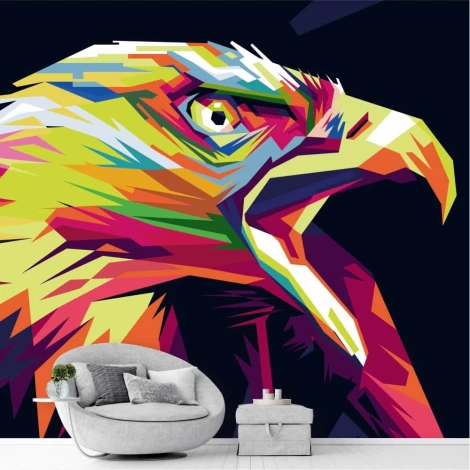 Pop-art wallpaper - eagle head 0199 - Modern living room decor with dark walls and a light sofa.