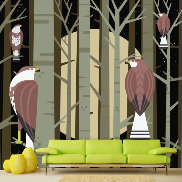 Birds in the Forest Wallpaper 0224 - Graphic design featuring large birds against a dark forest and round moon background.
