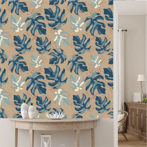 Monstera 0217 wallpaper - Living room decor with light walls and natural-toned furniture.