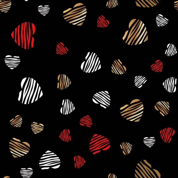 Heart Wallpaper 0226 - Graphic pattern with colorful hearts and stripes on a black background.