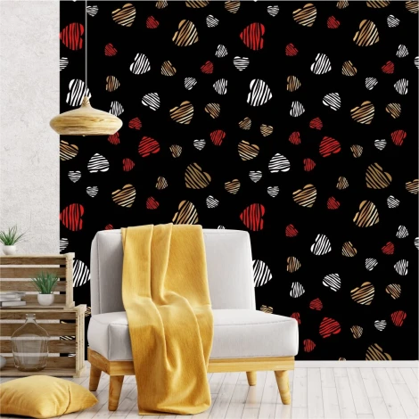 Heart Wallpaper 0226 - Living room decor. Black wall with hearts in various colors.